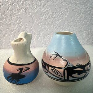 Native American Navajo Pottery Set Of 2 Vases Western Designs by Hathale & Dine